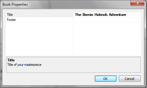 The new book property dialog box.